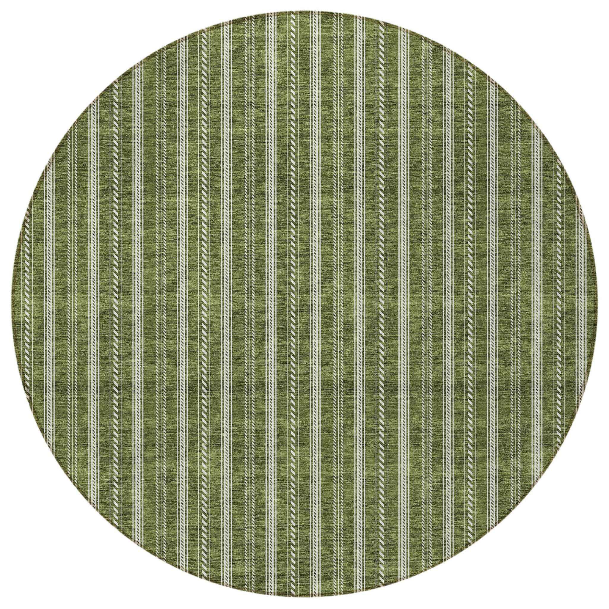 8' Olive Green And Ivory Round Striped Washable Indoor Outdoor Area Rug