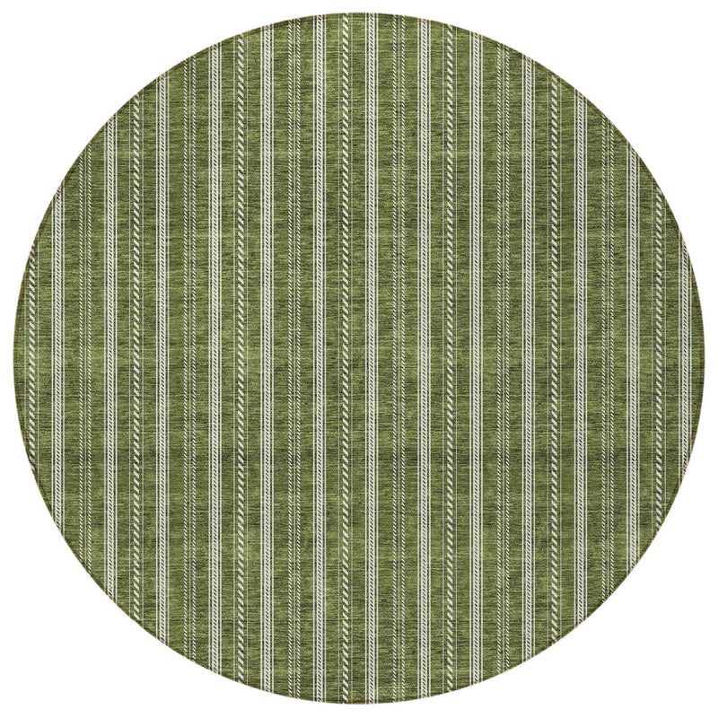 8' Olive Green And Ivory Round Striped Washable Indoor Outdoor Area Rug