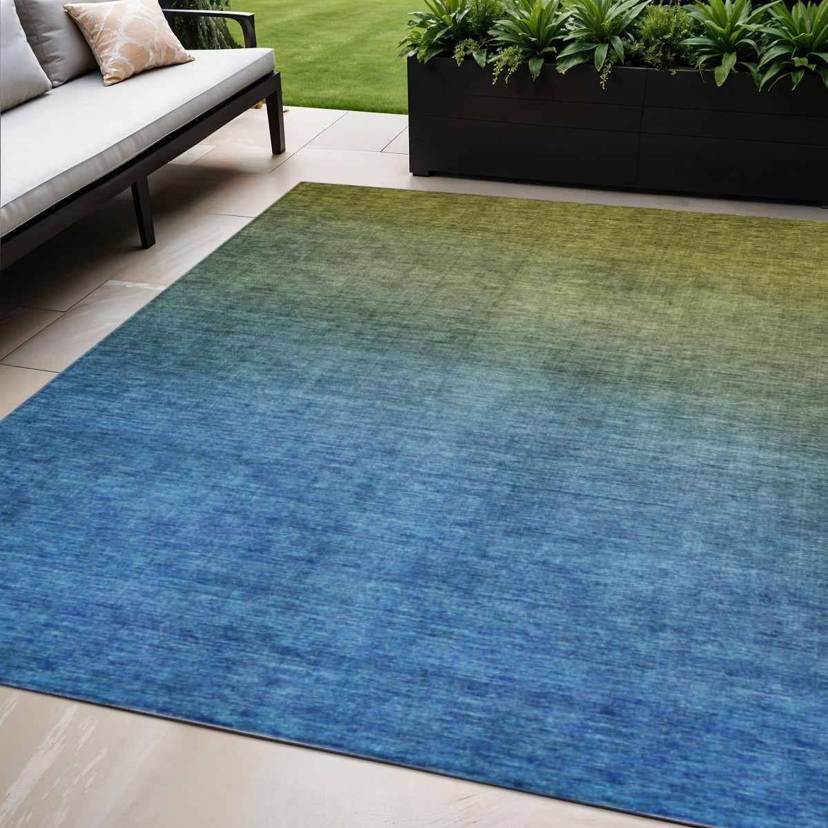 5' X 8' Olive Green Blue And Navy Blue Ombre Washable Indoor Outdoor Area Rug