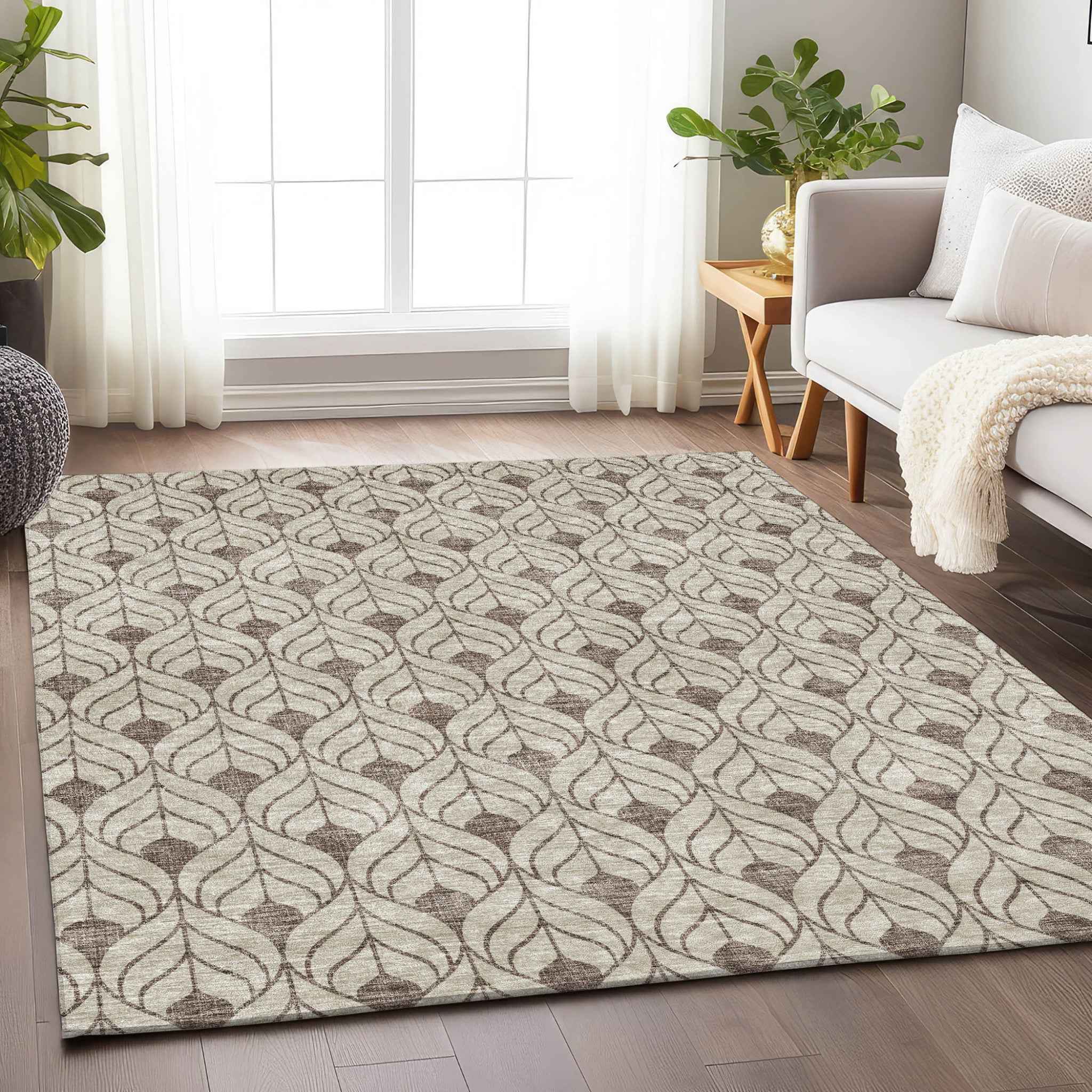 8' X 10' Brown And Beige Geometric Washable Indoor Outdoor Area Rug