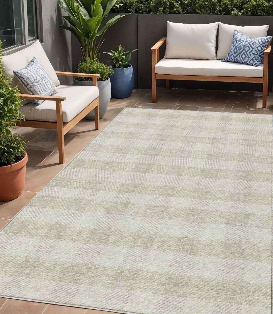 5' X 8' Ivory And Beige Plaid Washable Indoor Outdoor Area Rug