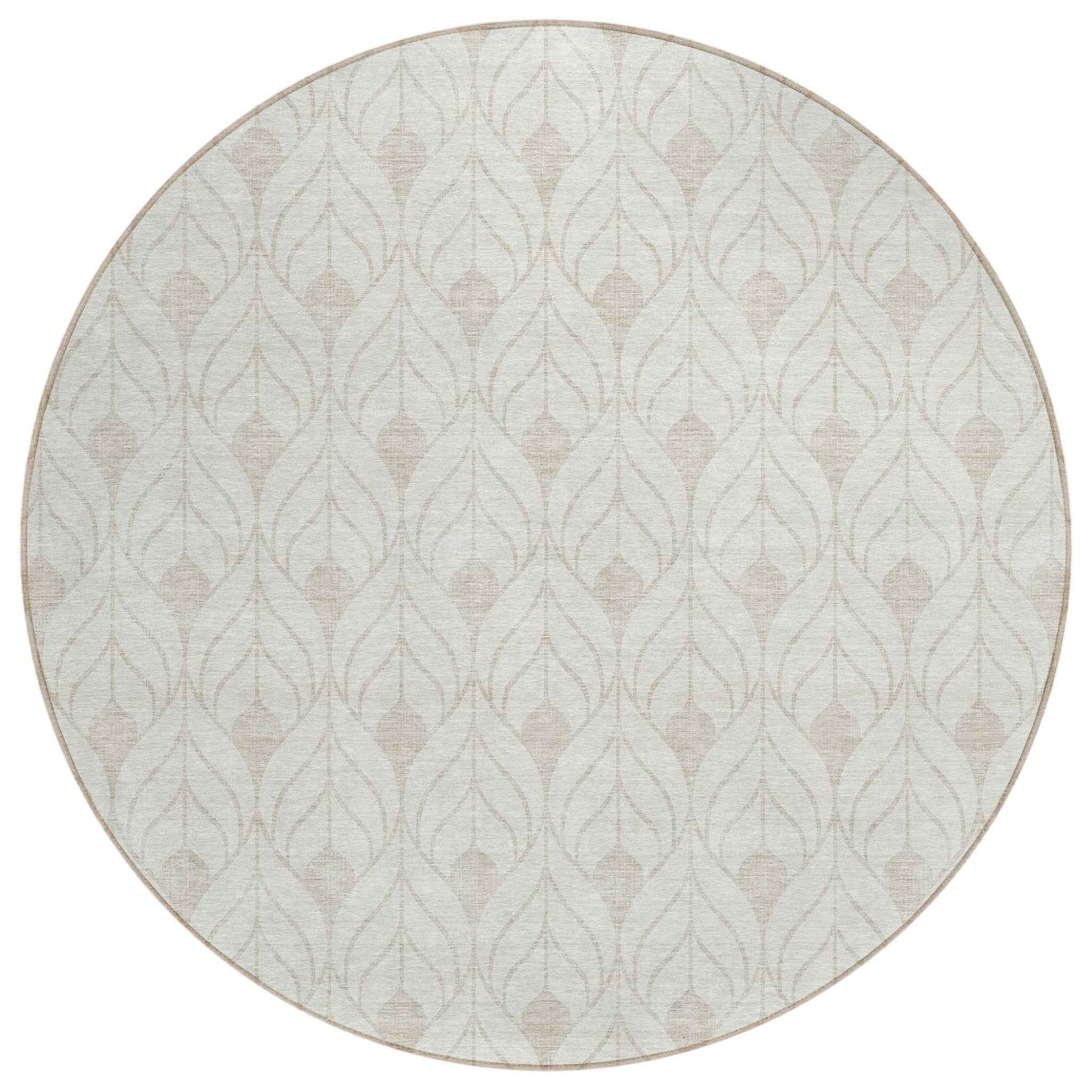 8' Ivory And Beige Round Geometric Washable Indoor Outdoor Area Rug