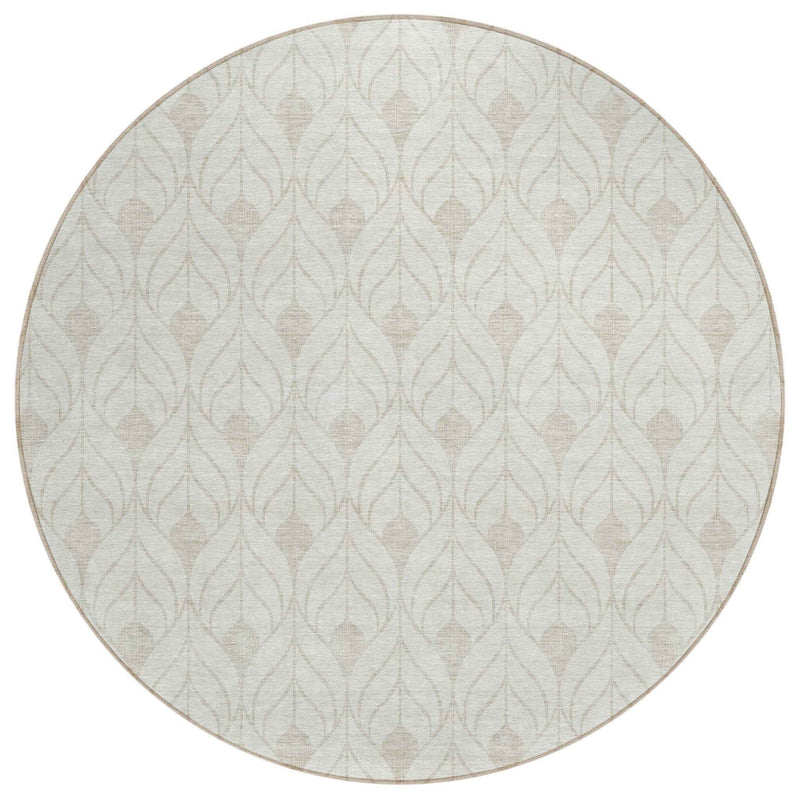 8' Ivory And Beige Round Geometric Washable Indoor Outdoor Area Rug