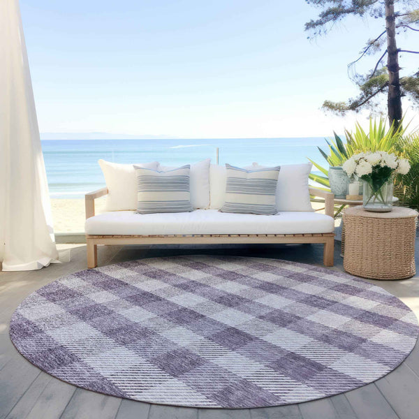 8' Lavender And Ivory Round Plaid Washable Indoor Outdoor Area Rug