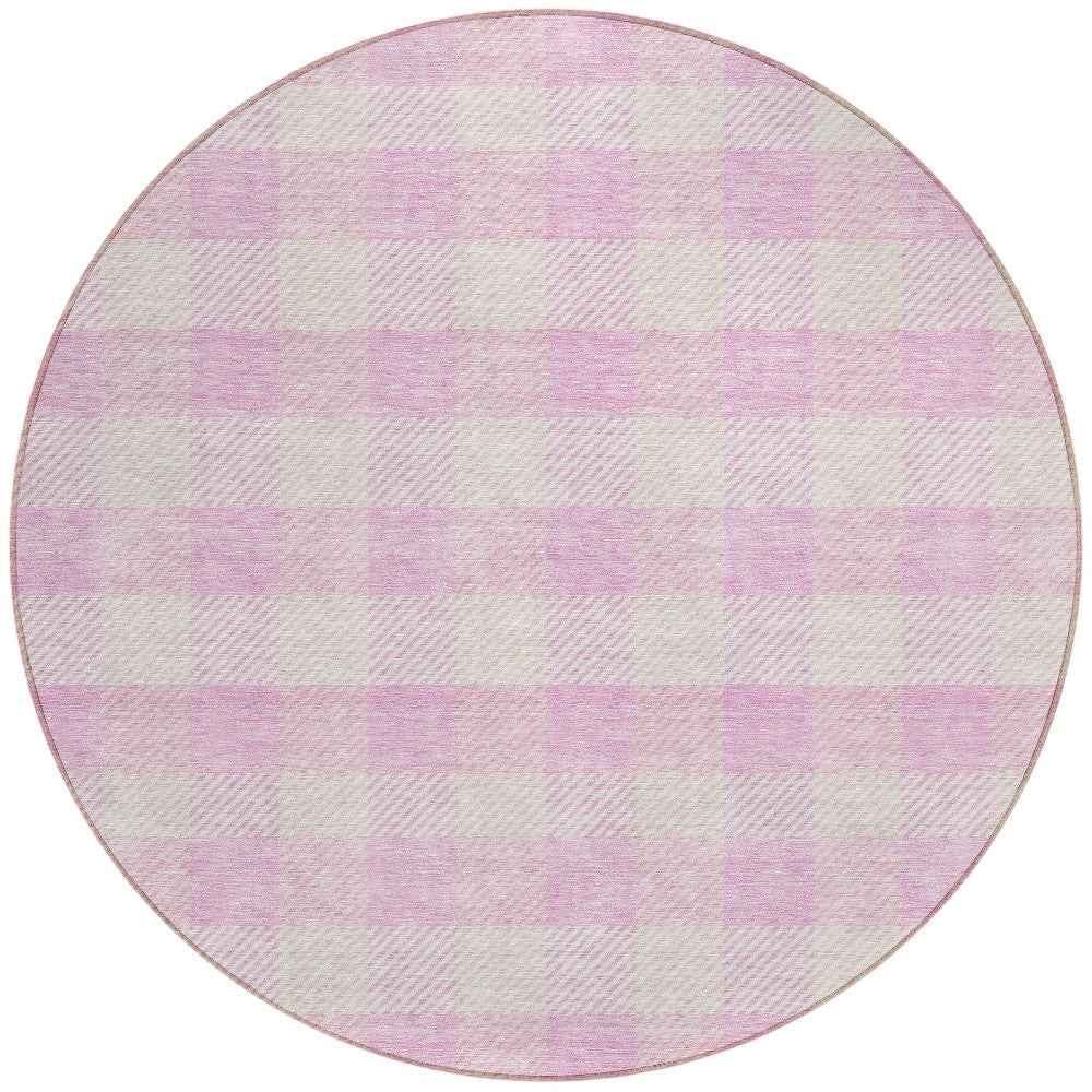 8' Pink And Gray Round Plaid Washable Indoor Outdoor Area Rug