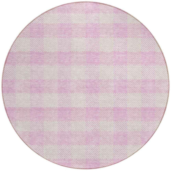 8' Pink And Gray Round Plaid Washable Indoor Outdoor Area Rug