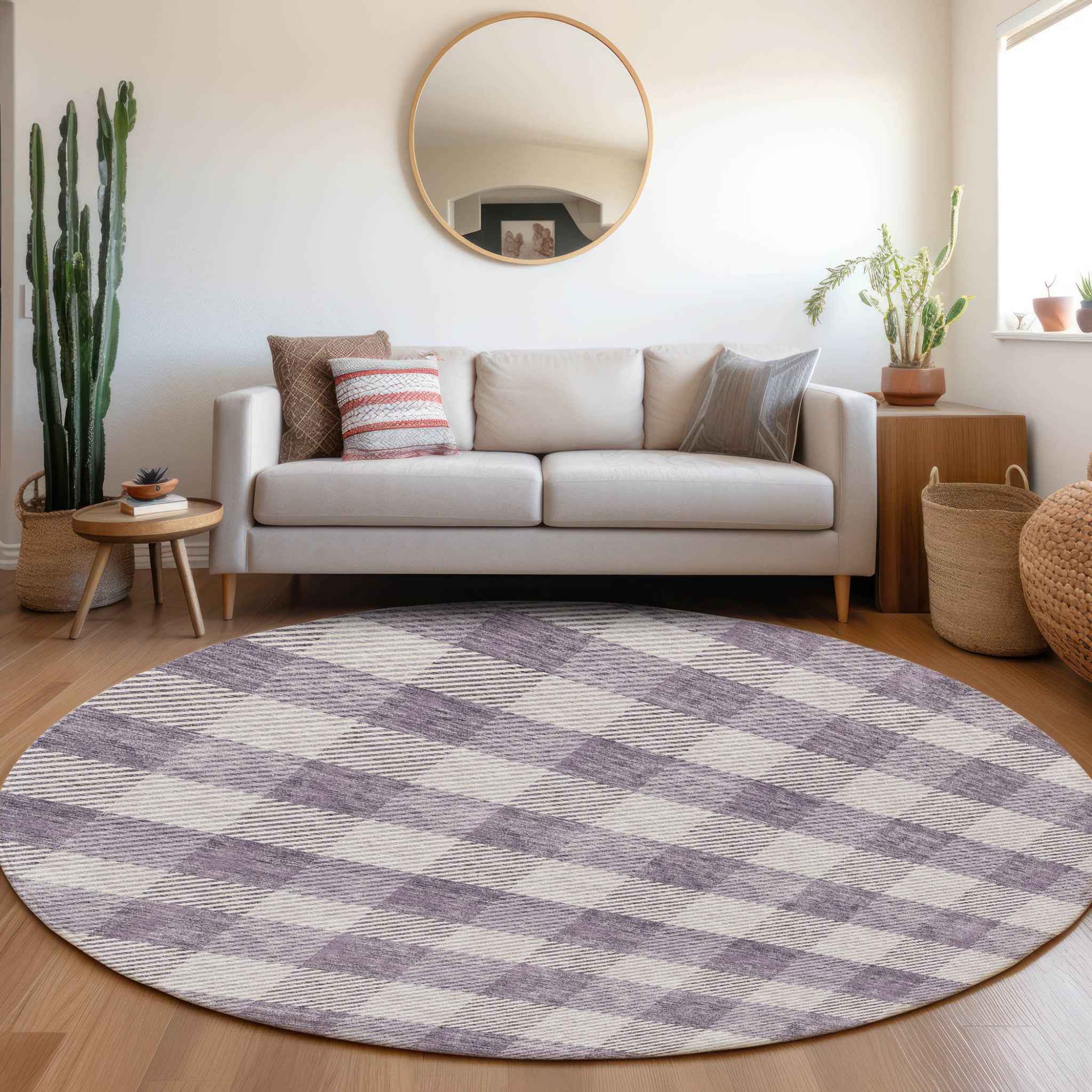 8' Lavender And Ivory Round Plaid Washable Indoor Outdoor Area Rug