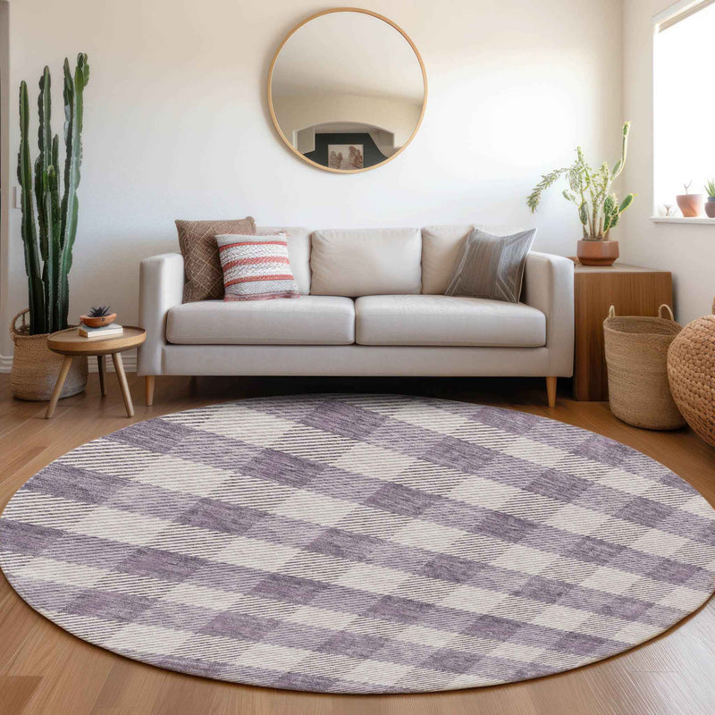 8' Lavender And Ivory Round Plaid Washable Indoor Outdoor Area Rug