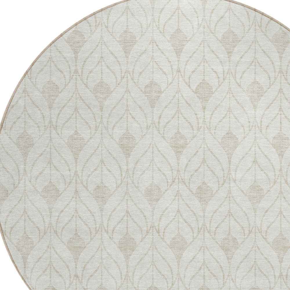 8' Ivory And Beige Round Geometric Washable Indoor Outdoor Area Rug