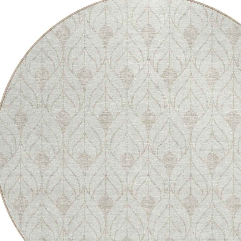 8' Ivory And Beige Round Geometric Washable Indoor Outdoor Area Rug