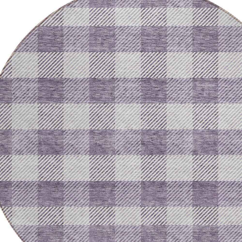 8' Lavender And Ivory Round Plaid Washable Indoor Outdoor Area Rug