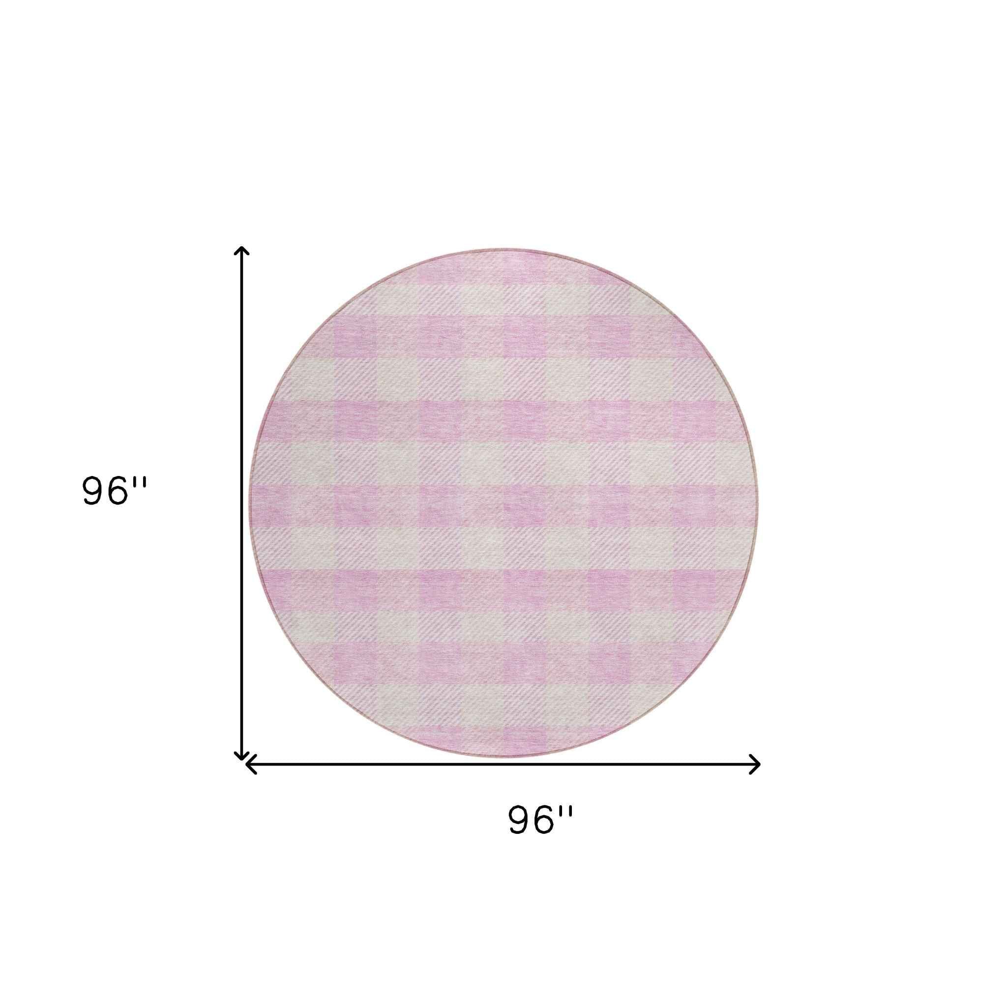 8' Pink And Gray Round Plaid Washable Indoor Outdoor Area Rug