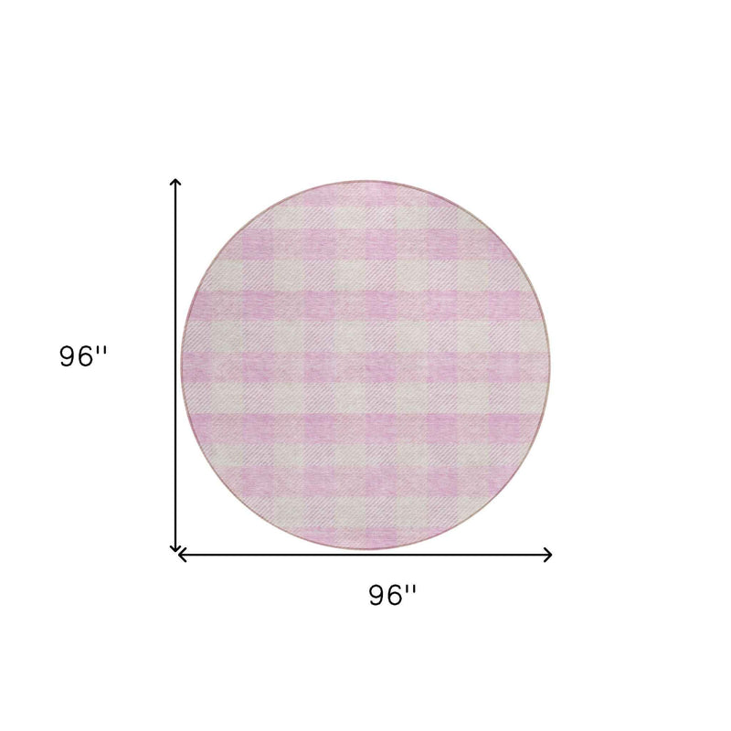 8' Pink And Gray Round Plaid Washable Indoor Outdoor Area Rug
