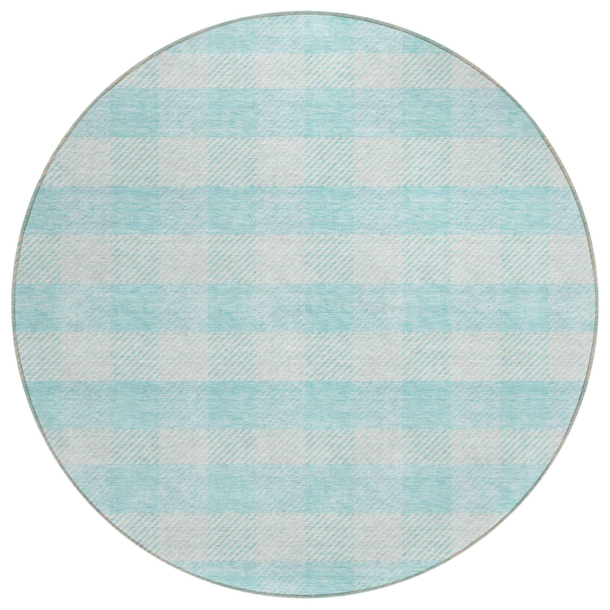 8' Aqua And Ivory Round Plaid Washable Indoor Outdoor Area Rug