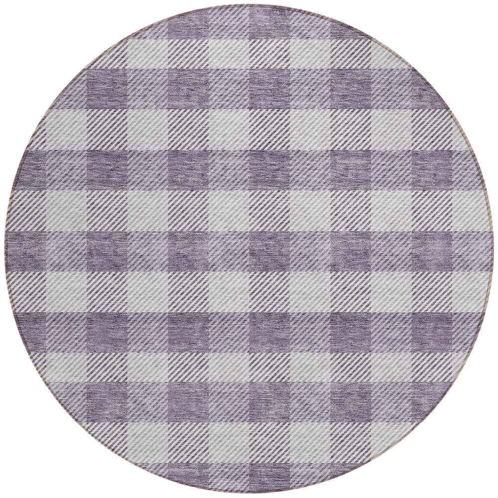 8' Lavender And Ivory Round Plaid Washable Indoor Outdoor Area Rug