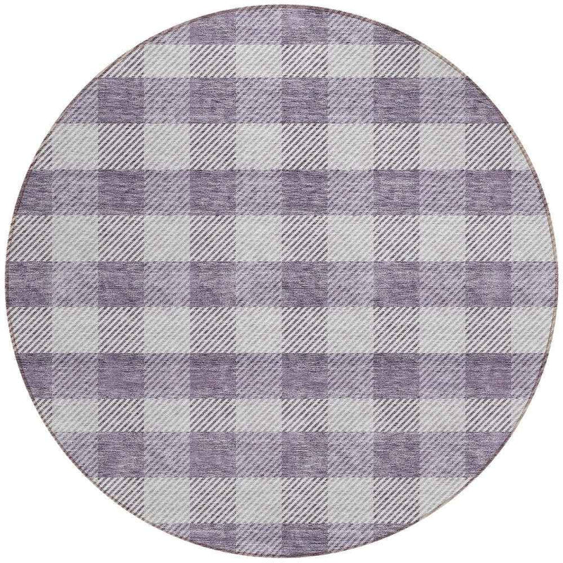 8' Lavender And Ivory Round Plaid Washable Indoor Outdoor Area Rug