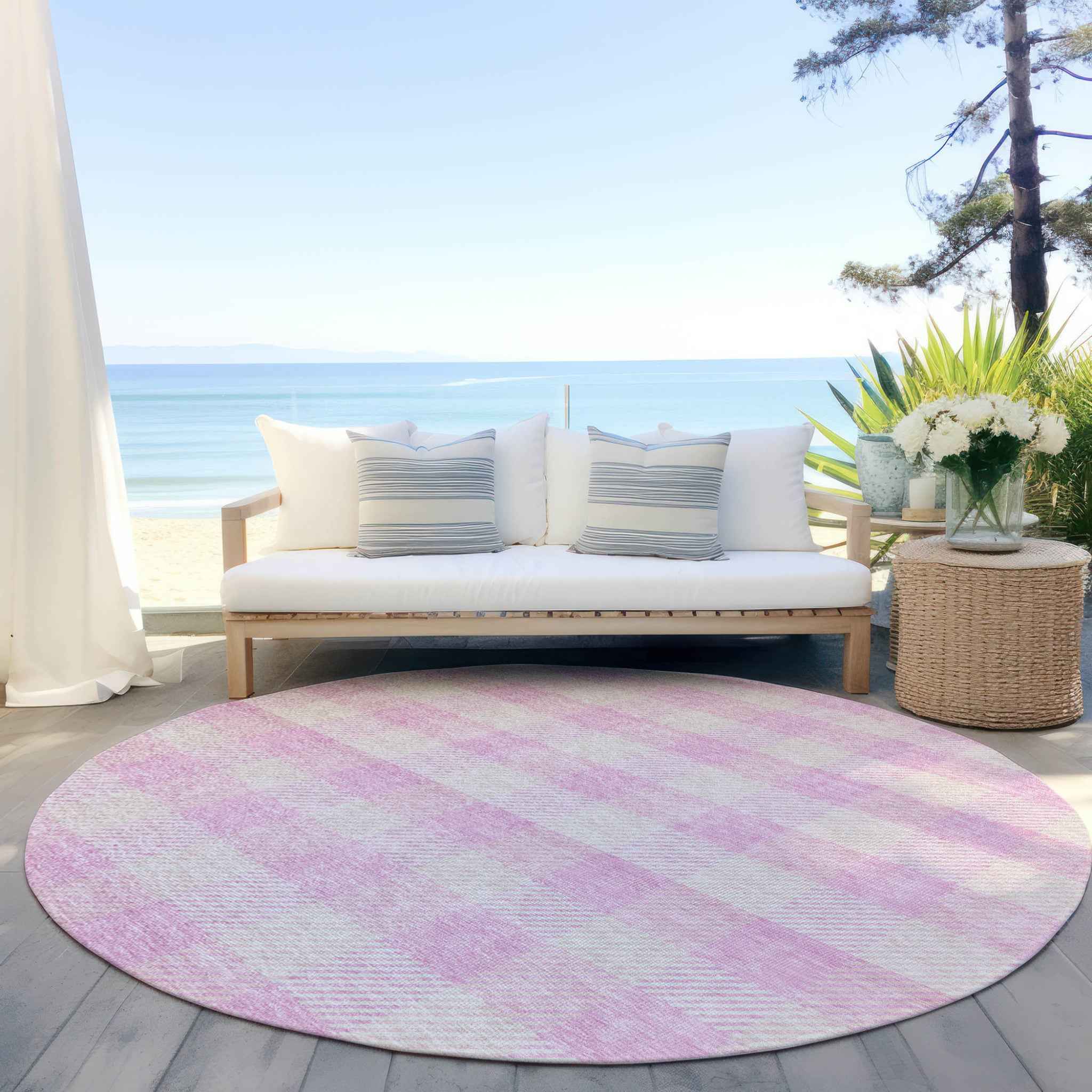 8' Pink And Gray Round Plaid Washable Indoor Outdoor Area Rug