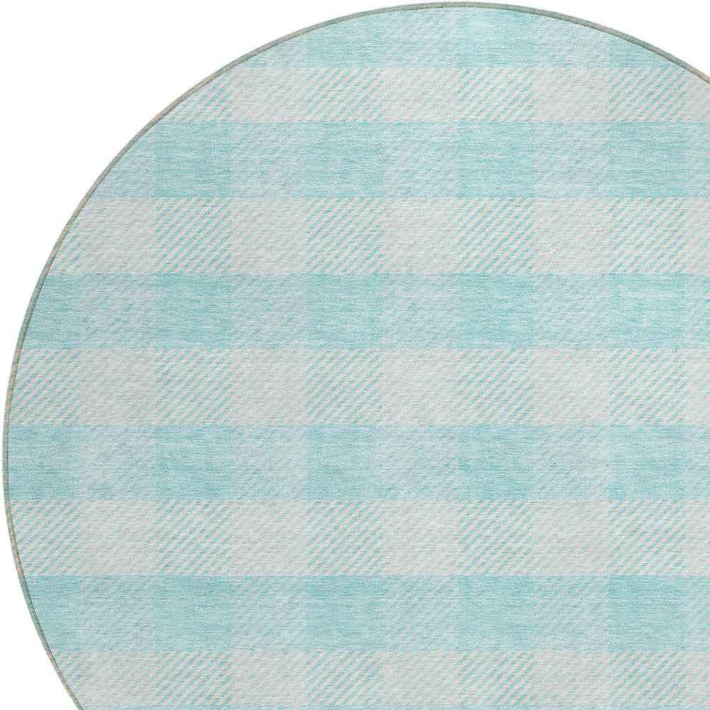 8' Aqua And Ivory Round Plaid Washable Indoor Outdoor Area Rug