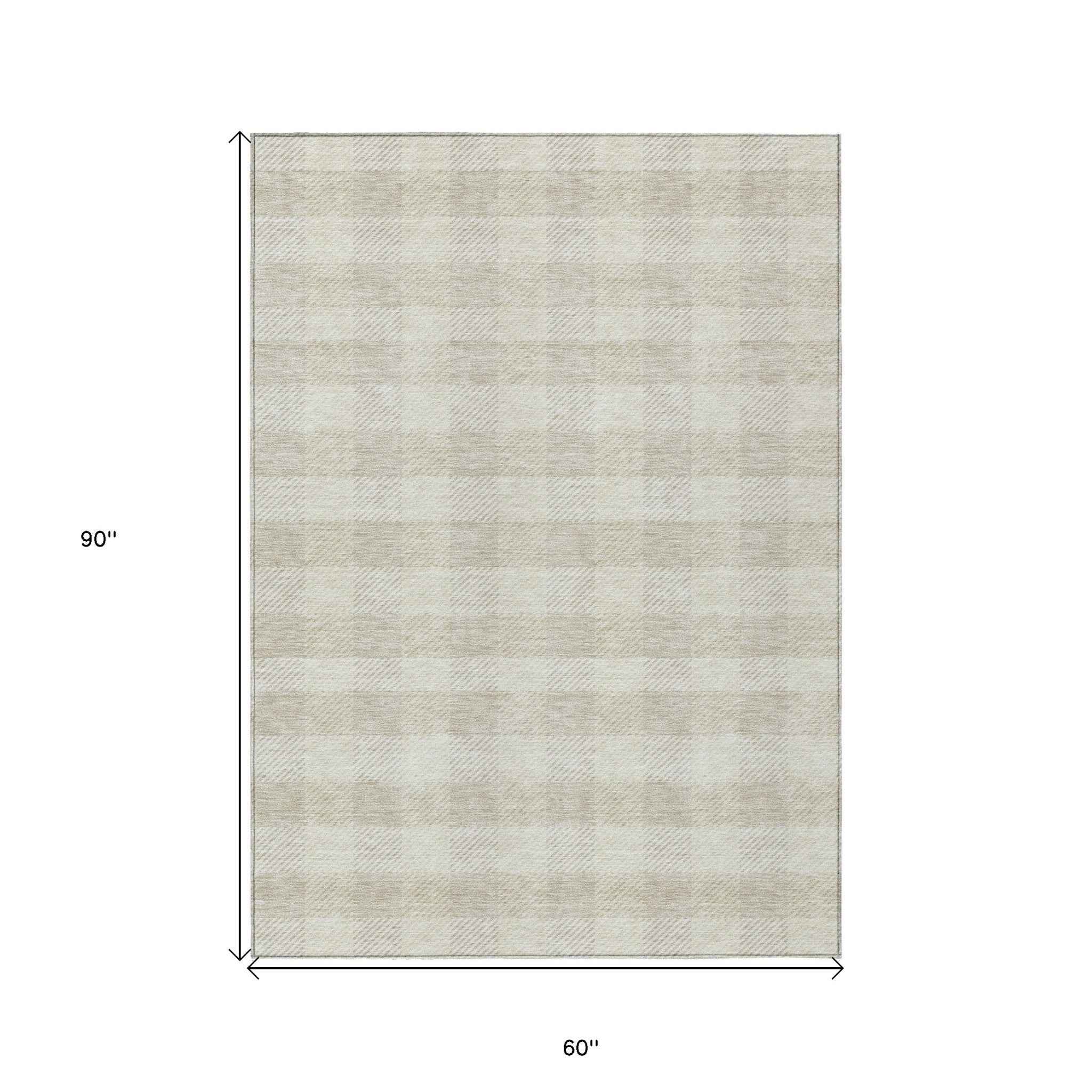 5' X 8' Ivory And Beige Plaid Washable Indoor Outdoor Area Rug
