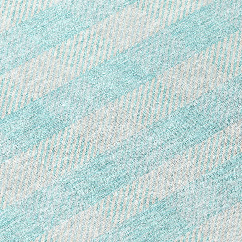 8' Aqua And Ivory Round Plaid Washable Indoor Outdoor Area Rug