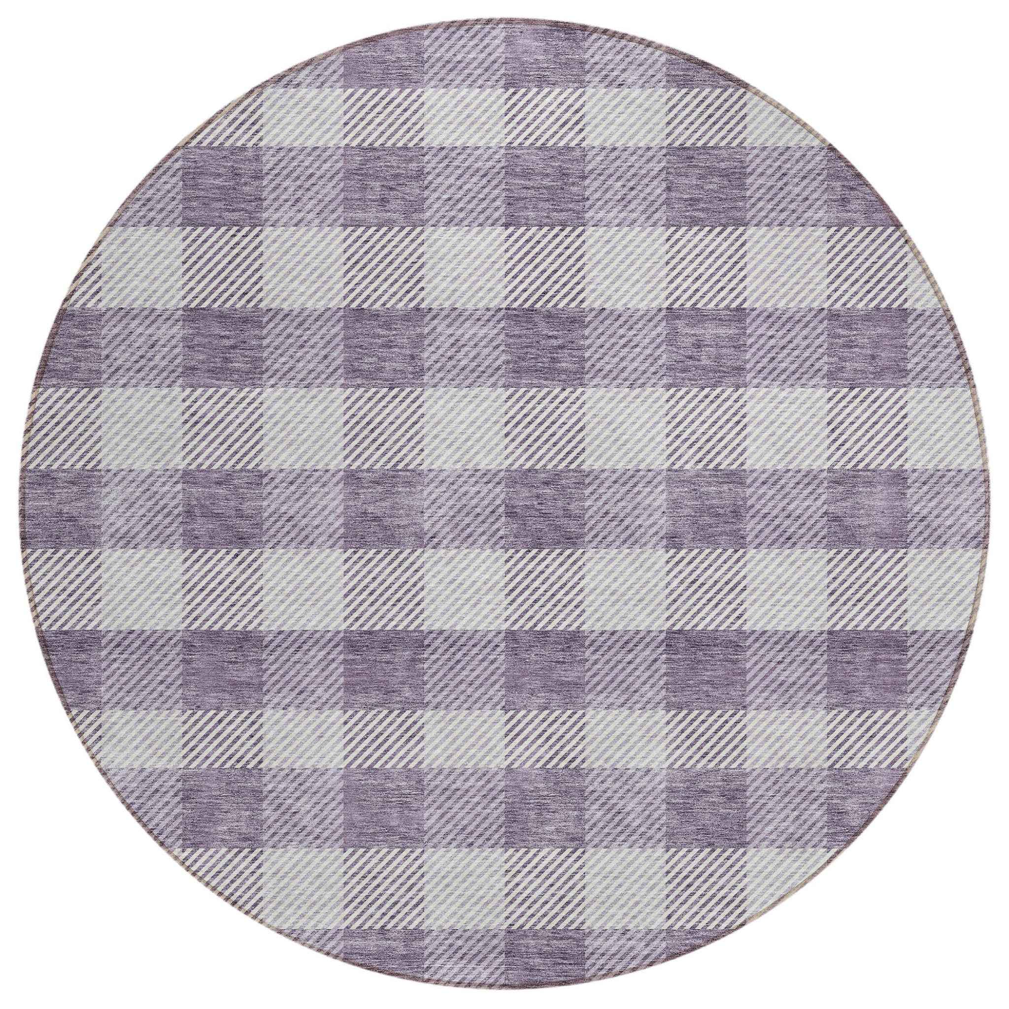 8' Lavender And Ivory Round Plaid Washable Indoor Outdoor Area Rug