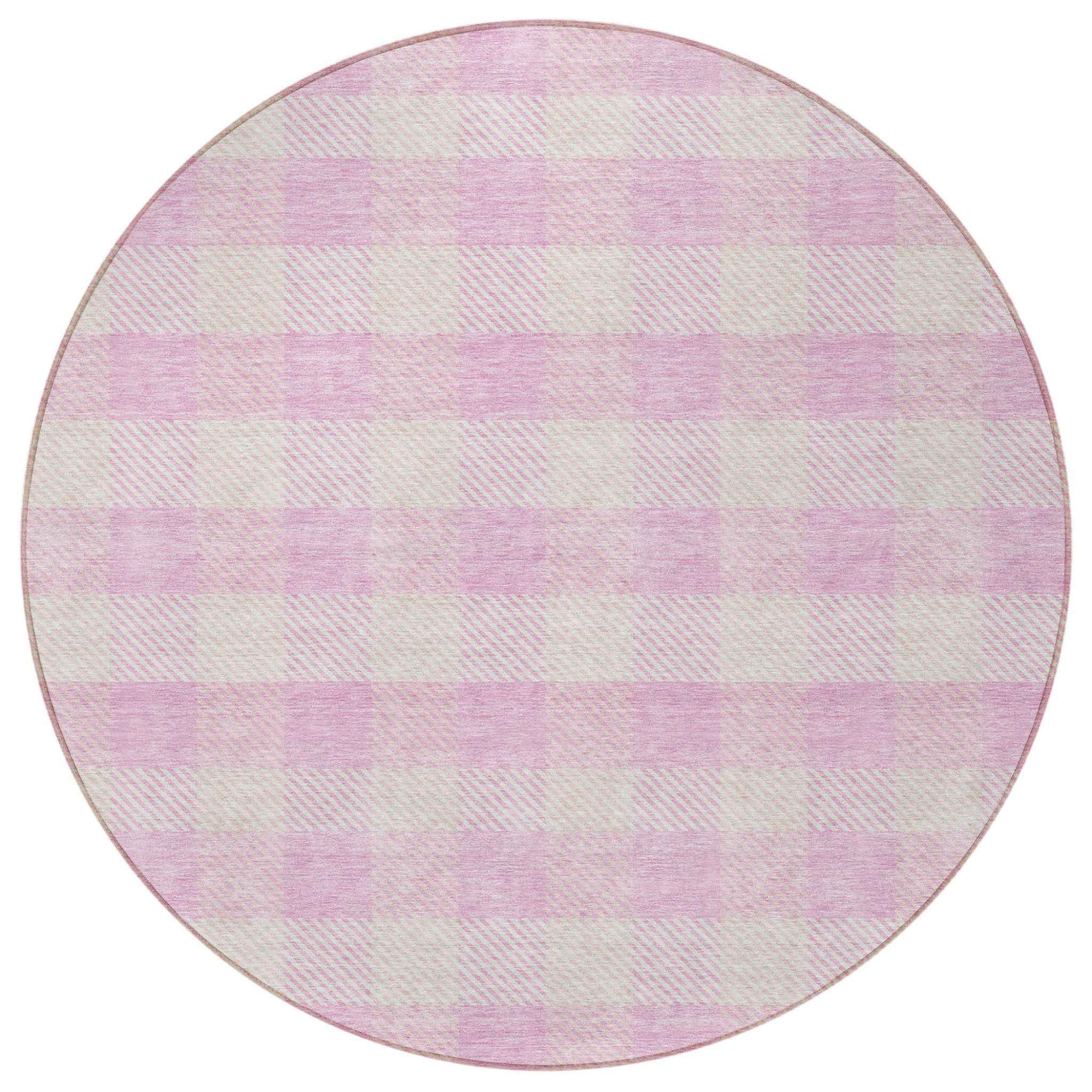 8' Pink And Gray Round Plaid Washable Indoor Outdoor Area Rug