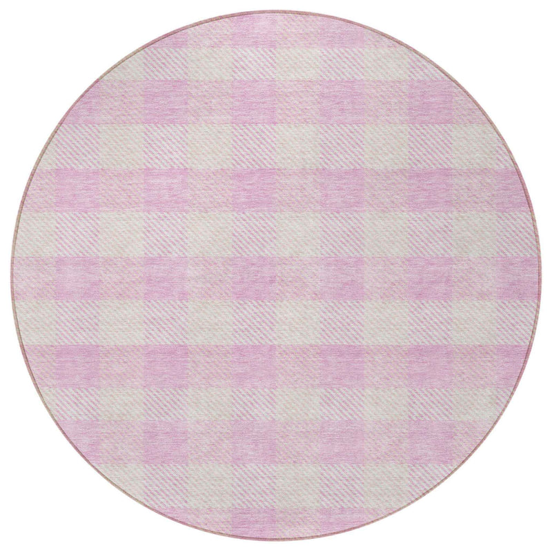 8' Pink And Gray Round Plaid Washable Indoor Outdoor Area Rug