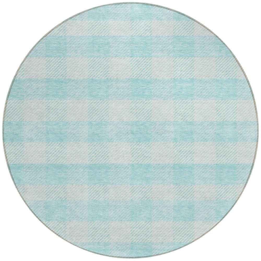 8' Aqua And Ivory Round Plaid Washable Indoor Outdoor Area Rug