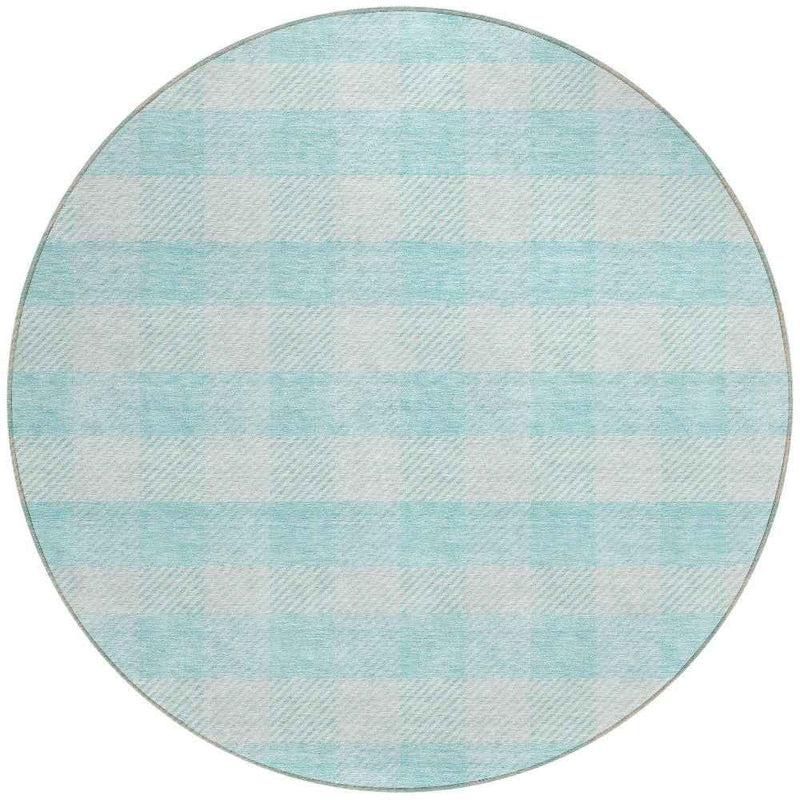8' Aqua And Ivory Round Plaid Washable Indoor Outdoor Area Rug