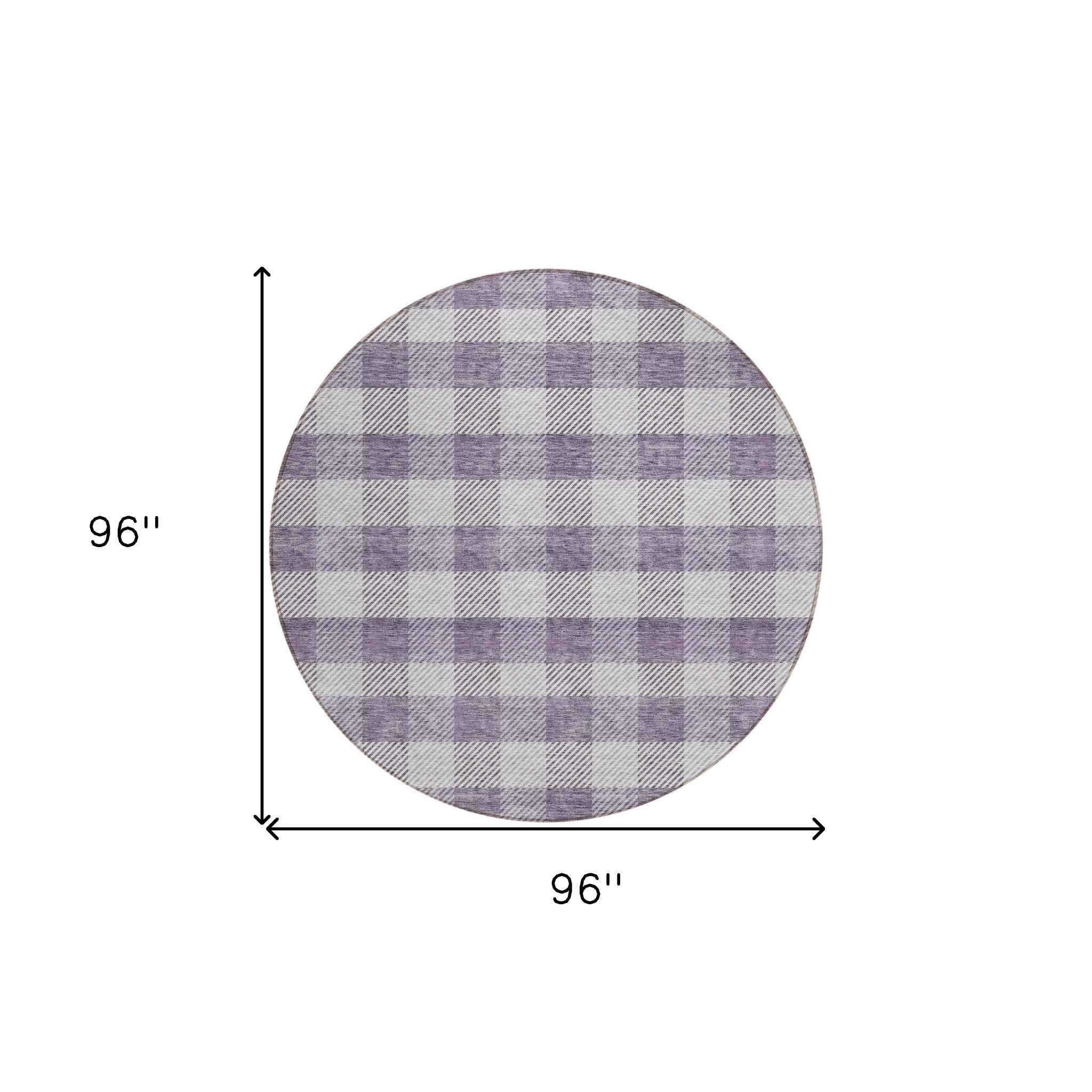 8' Lavender And Ivory Round Plaid Washable Indoor Outdoor Area Rug