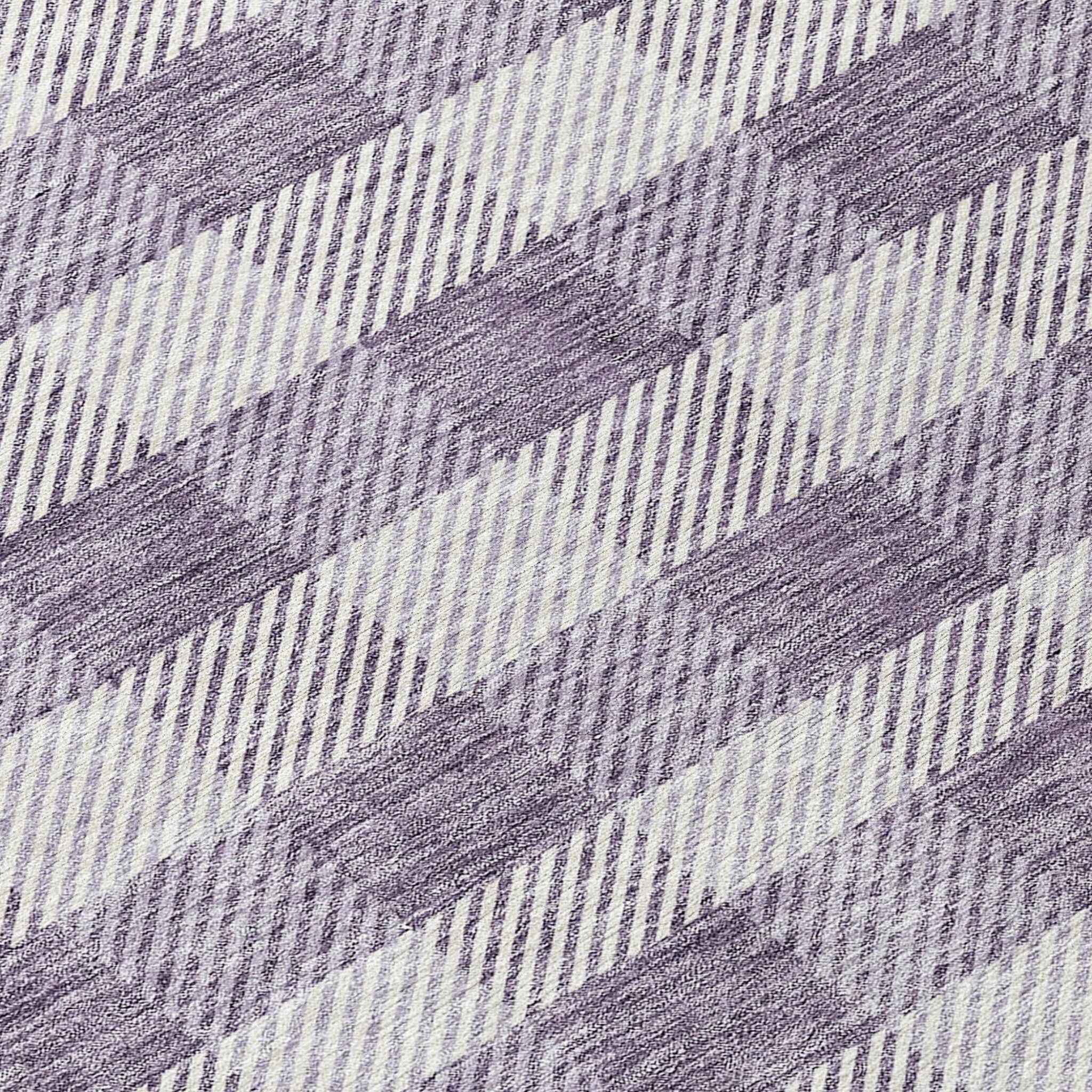 8' Lavender And Ivory Round Plaid Washable Indoor Outdoor Area Rug