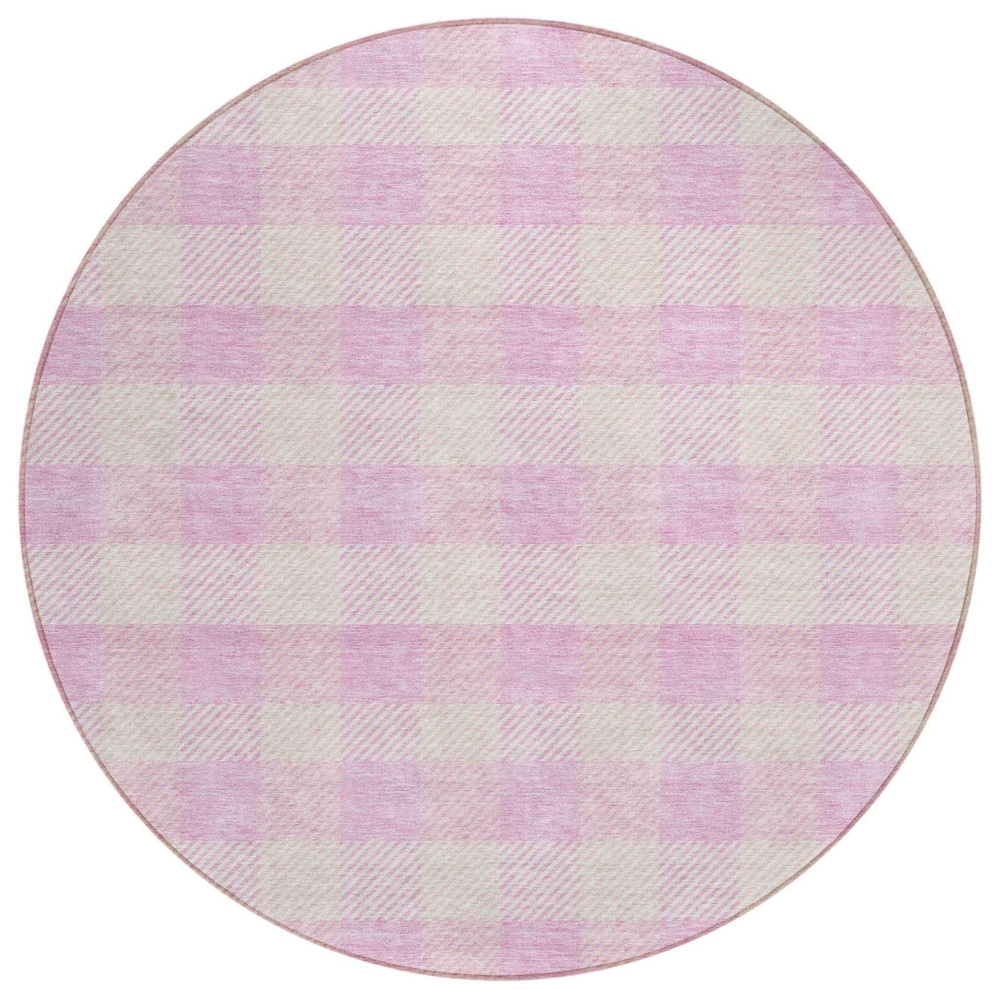 8' Pink And Gray Round Plaid Washable Indoor Outdoor Area Rug