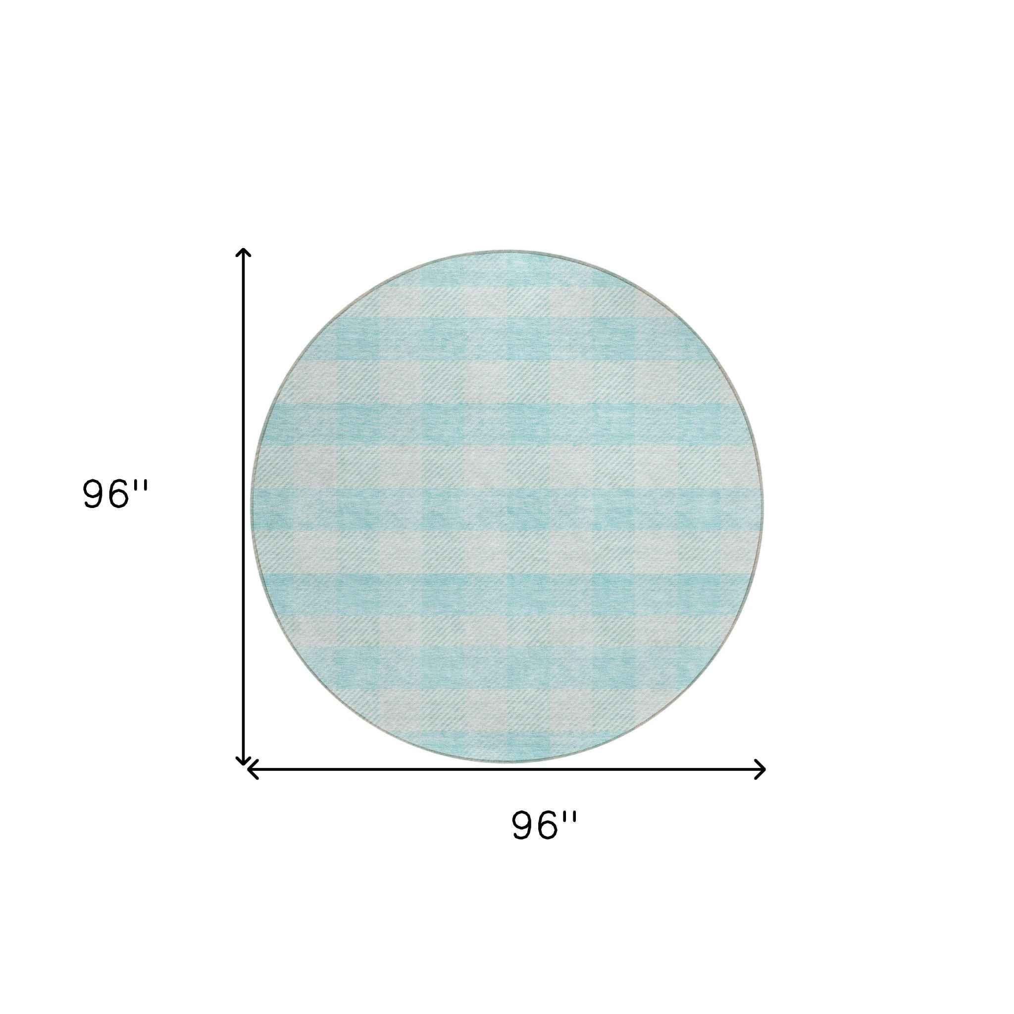8' Aqua And Ivory Round Plaid Washable Indoor Outdoor Area Rug