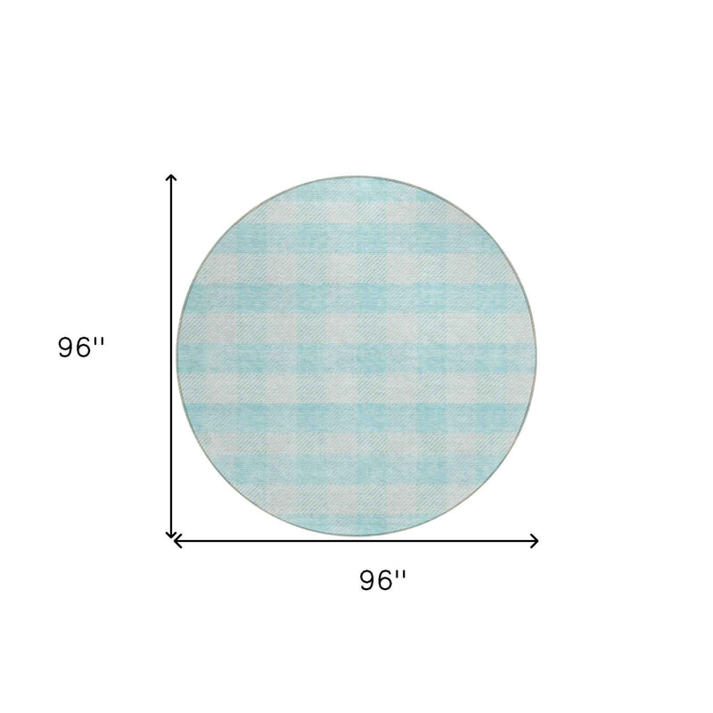 8' Aqua And Ivory Round Plaid Washable Indoor Outdoor Area Rug