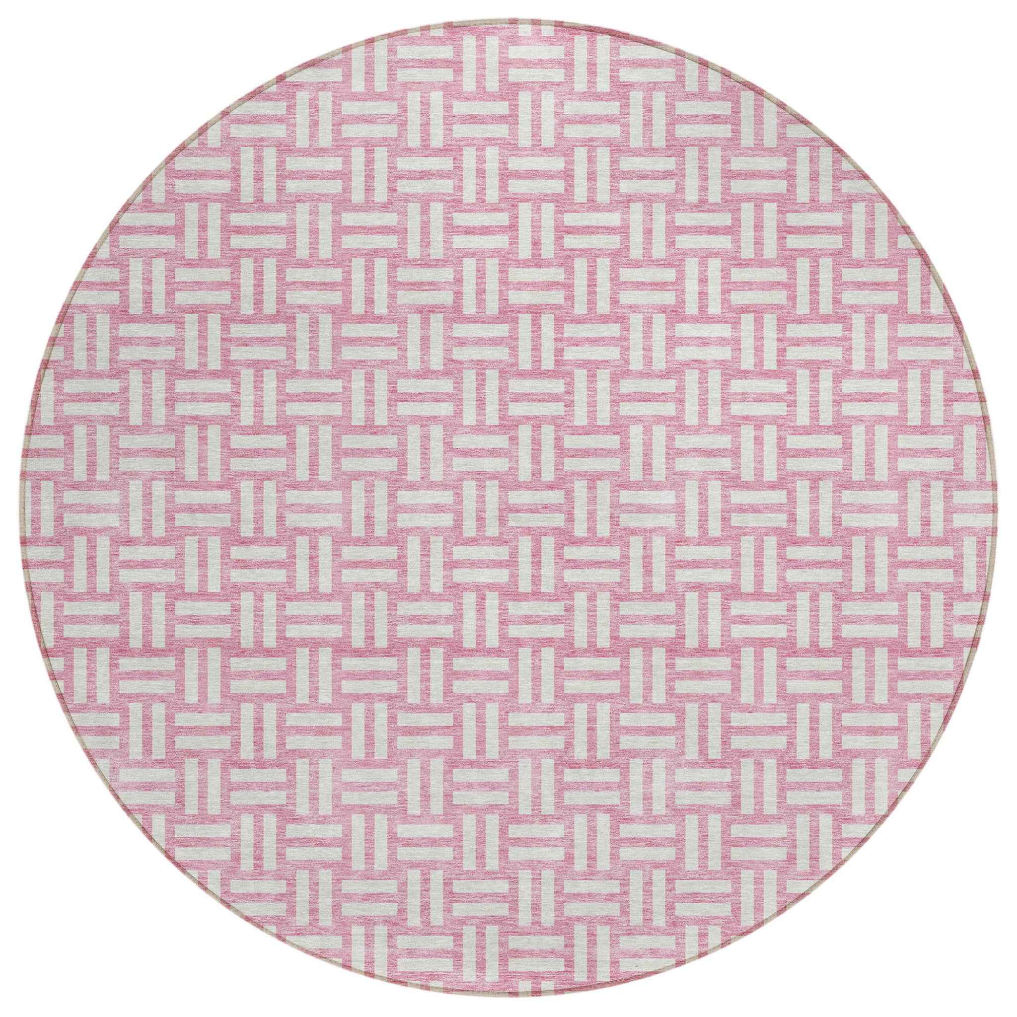 8' Pink And Ivory Round Geometric Washable Indoor Outdoor Area Rug