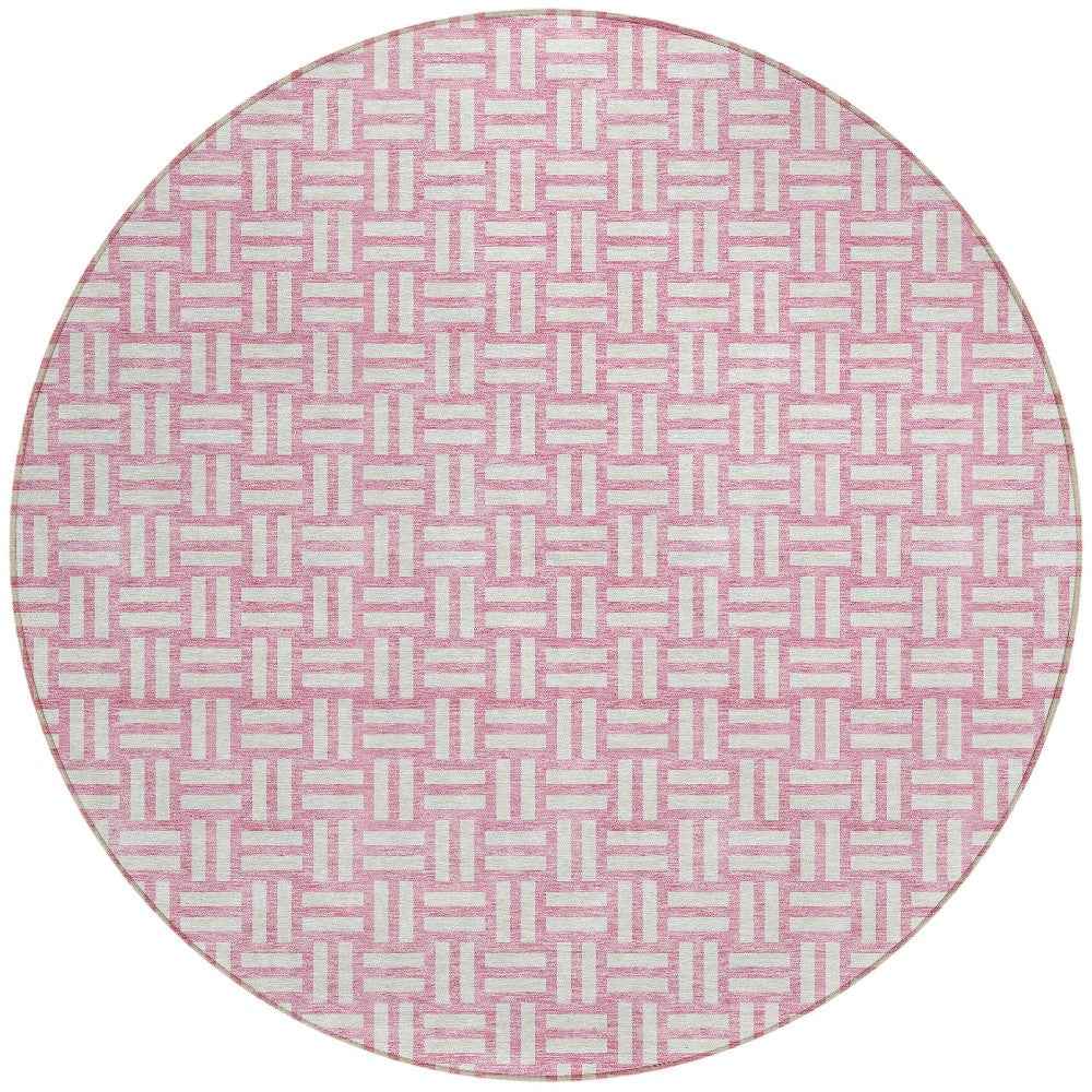 8' Pink And Ivory Round Geometric Washable Indoor Outdoor Area Rug