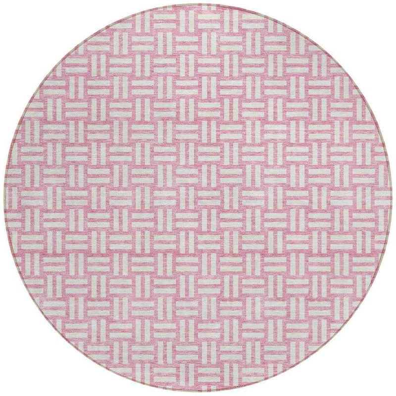 8' Pink And Ivory Round Geometric Washable Indoor Outdoor Area Rug