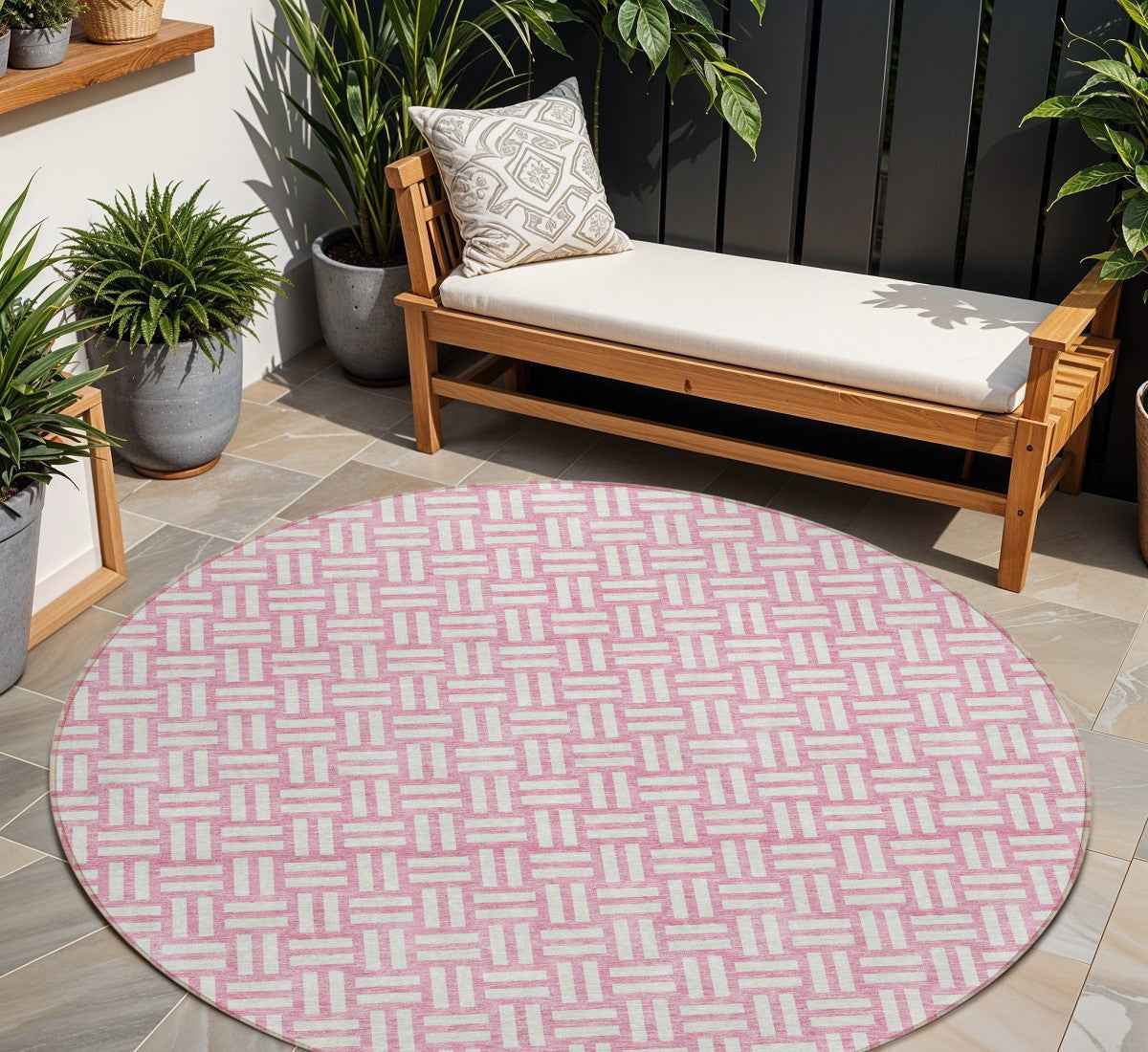 8' Pink And Ivory Round Geometric Washable Indoor Outdoor Area Rug