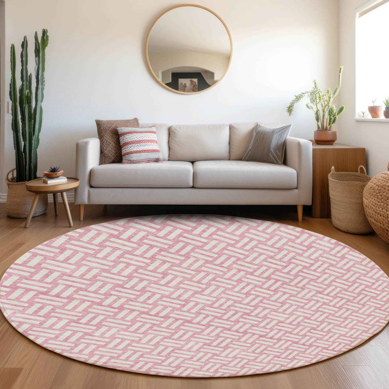 8' Pink And Ivory Round Geometric Washable Indoor Outdoor Area Rug