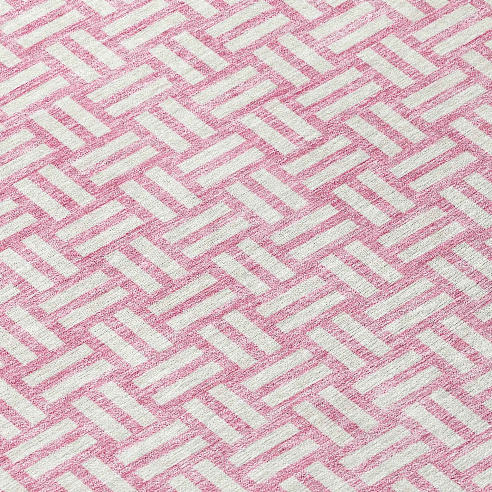8' Pink And Ivory Round Geometric Washable Indoor Outdoor Area Rug