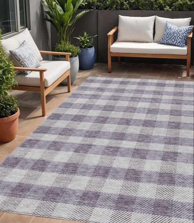 5' X 8' Lavender And Ivory Plaid Washable Indoor Outdoor Area Rug