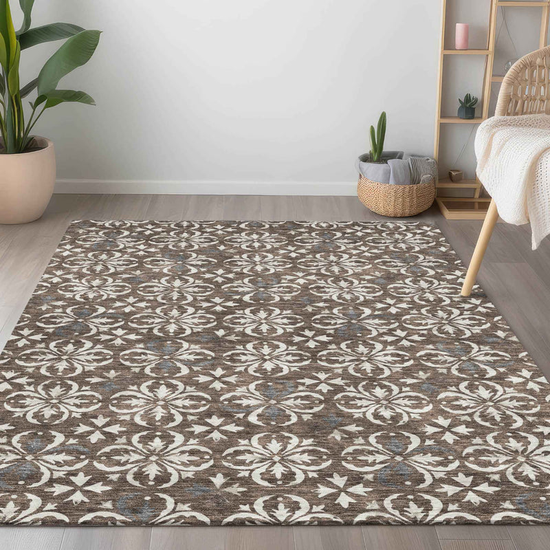 5' X 8' Brown Gray And Beige Floral Washable Indoor Outdoor Area Rug