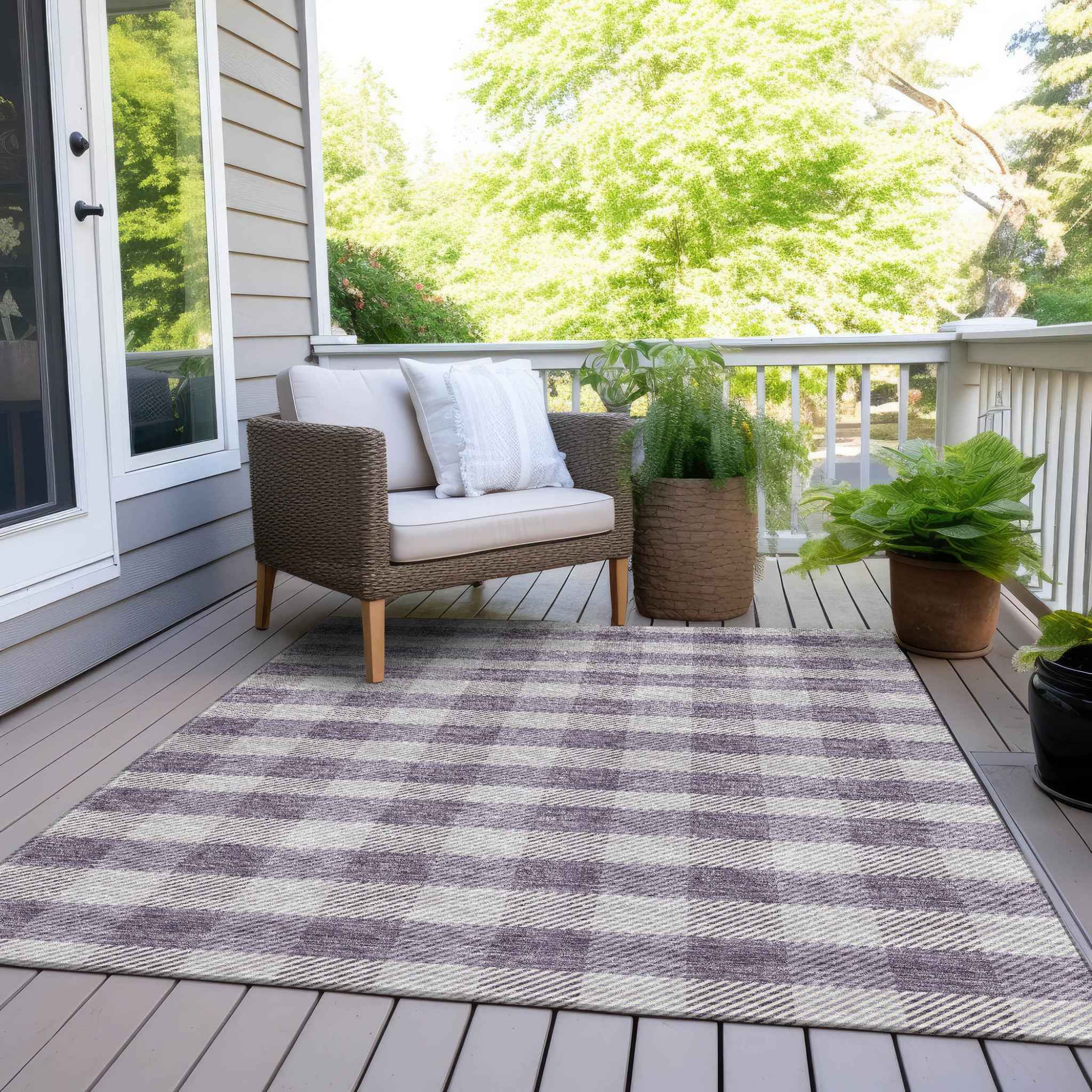 5' X 8' Lavender And Ivory Plaid Washable Indoor Outdoor Area Rug