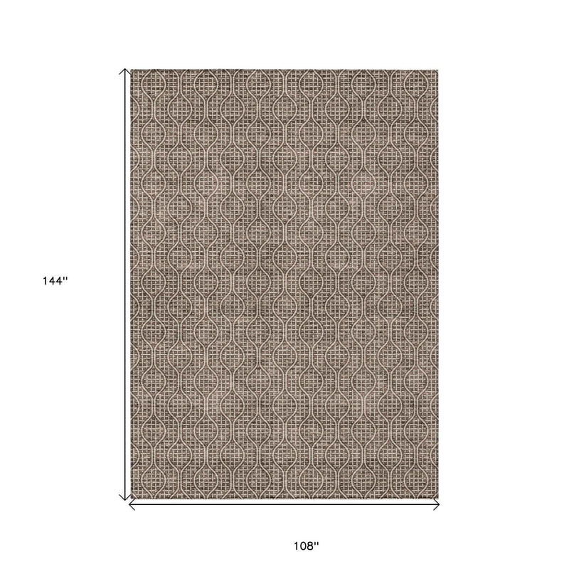9' X 12' Brown And Beige Geometric Washable Indoor Outdoor Area Rug