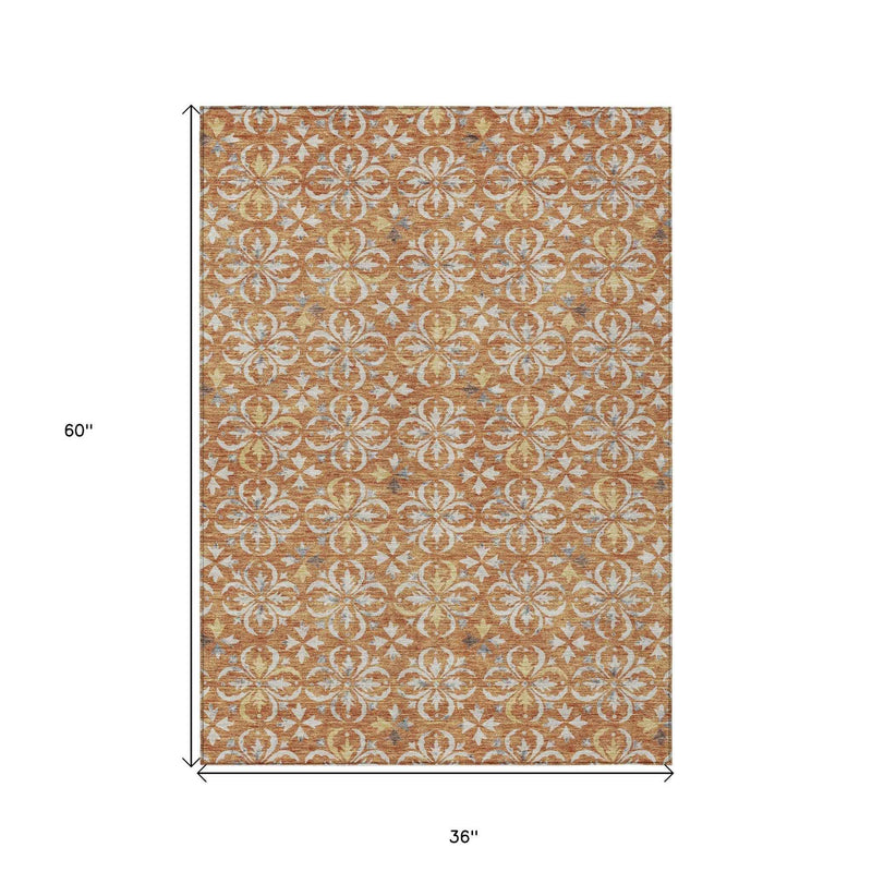 3' X 5' Copper Gray And Beige Floral Washable Indoor Outdoor Area Rug