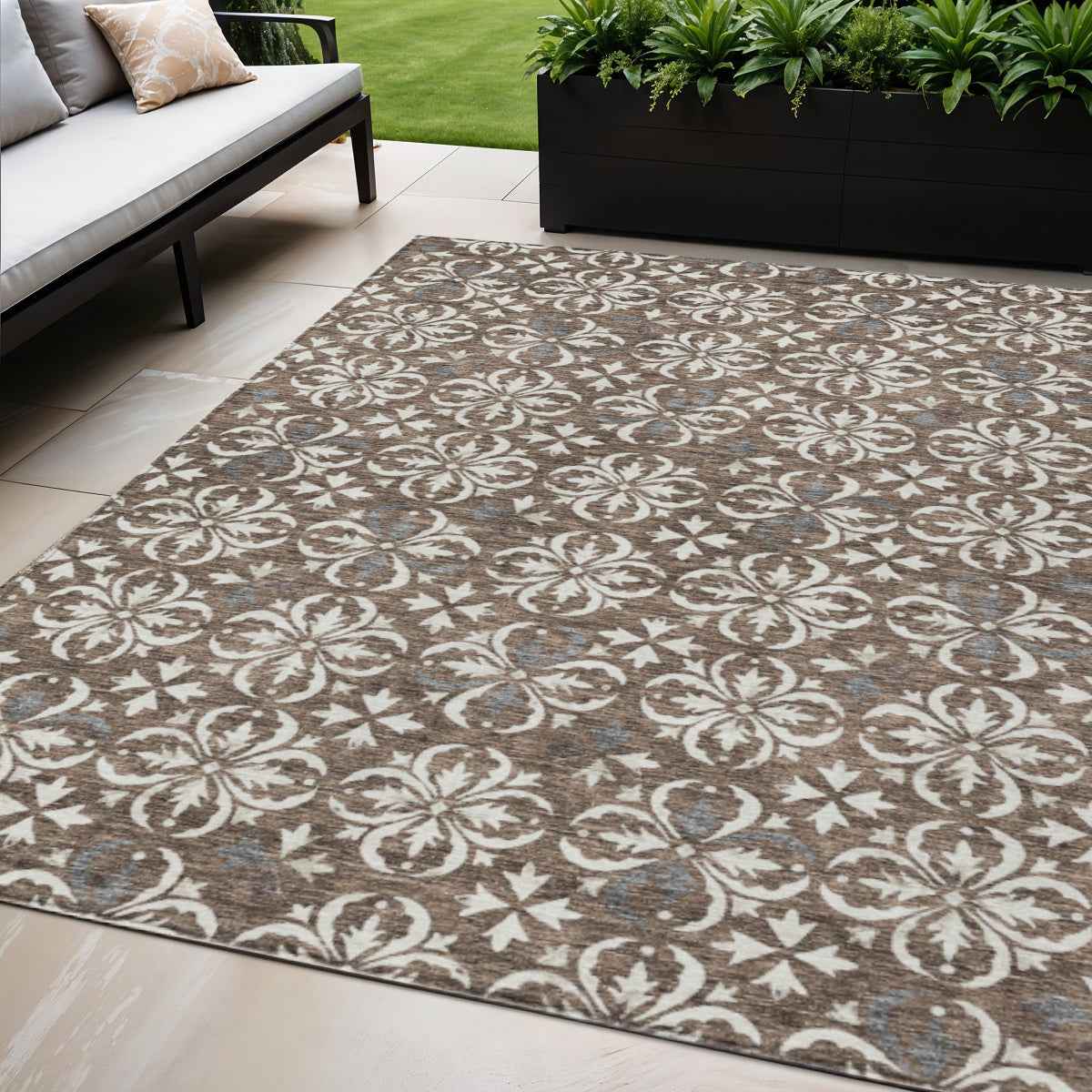 5' X 8' Brown Gray And Beige Floral Washable Indoor Outdoor Area Rug