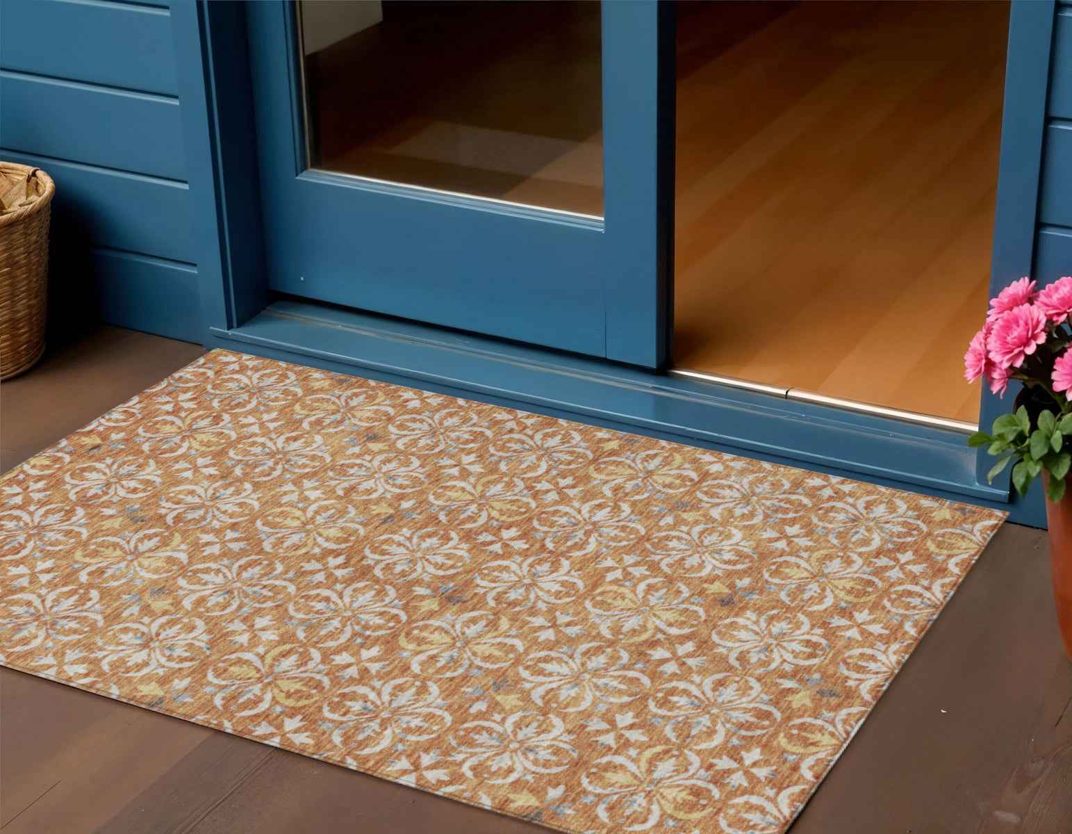 3' X 5' Copper Gray And Beige Floral Washable Indoor Outdoor Area Rug