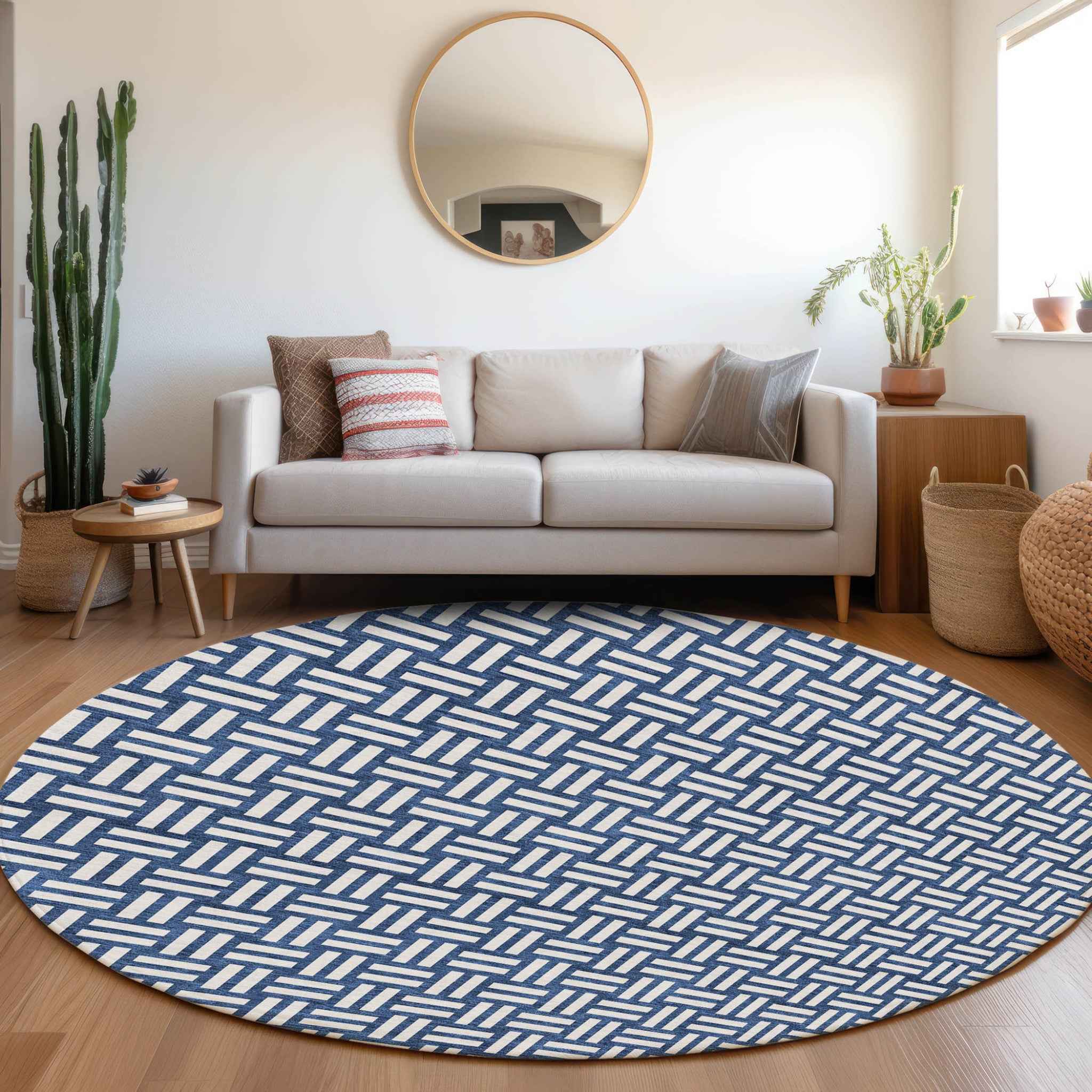 8' Navy Blue And Ivory Round Geometric Washable Indoor Outdoor Area Rug