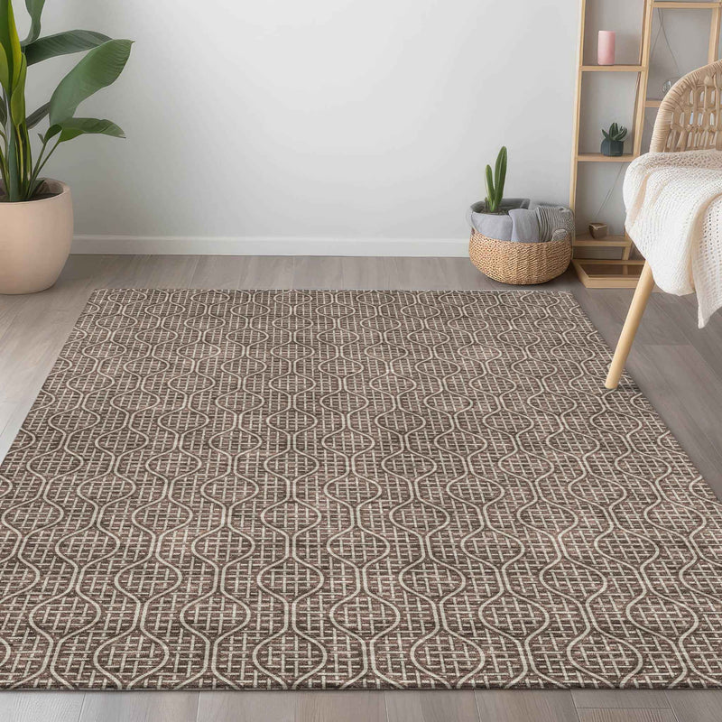 9' X 12' Brown And Beige Geometric Washable Indoor Outdoor Area Rug