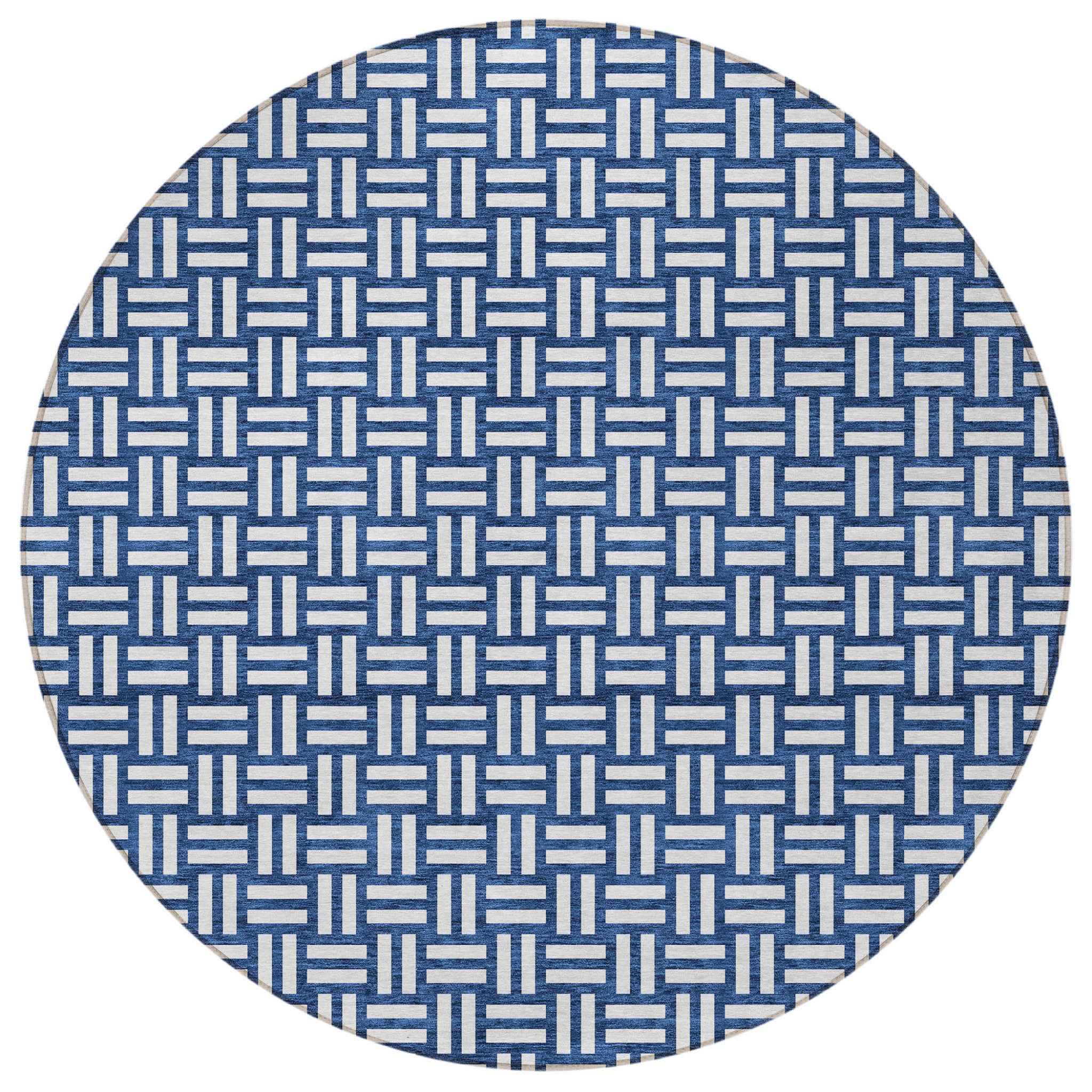 8' Navy Blue And Ivory Round Geometric Washable Indoor Outdoor Area Rug